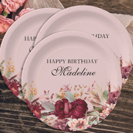 Elegant Pink Burgundy Floral Happy Birthday Papieren Bordje
