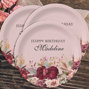 Elegant Pink Burgundy Floral Happy Birthday Papieren Bordje