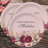 Elegant Pink Burgundy Floral Happy Birthday Papieren Bordje