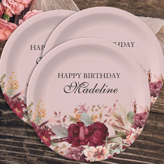 Elegant Pink Burgundy Floral Happy Birthday Papieren Bordje