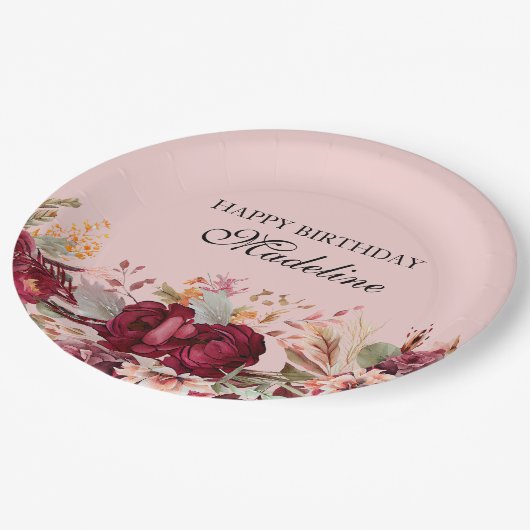 Elegant Pink Burgundy Floral Happy Birthday Papieren Bordje (Gekanteld)