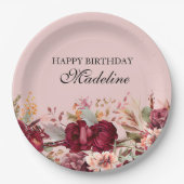Elegant Pink Burgundy Floral Happy Birthday Papieren Bordje (Voorkant)