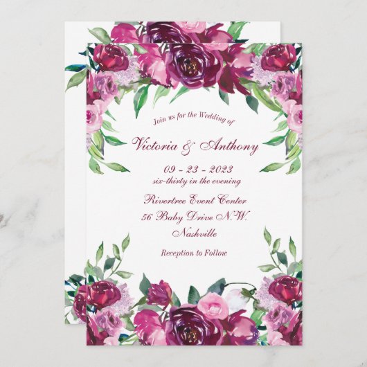 Elegant Pink Burgundy Floral Script Weduwschap Kaart (Voorkant / Achterkant)