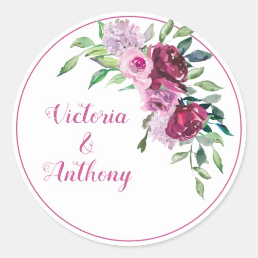 Elegant Pink Burgundy Floral Script Weduwschap Ronde Sticker (Voorkant)