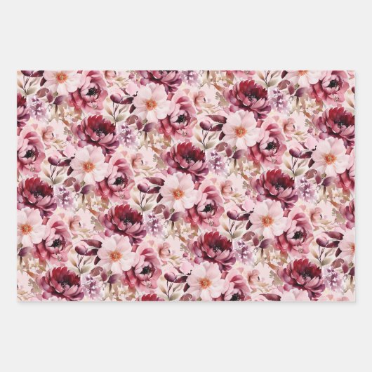 Elegant Pink Burgundy Floral Striped Polka Dot Inpakpapier Vel (Voorkant)