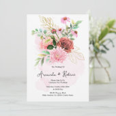 Elegant Pink & Burgundy Floral Wedding Invitation Kaart (Staand voorkant)