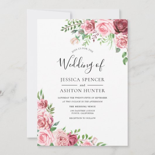 Elegant Pink & Burgundy Floral Wedding Invitation Kaart (Voorkant)