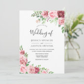 Elegant Pink & Burgundy Floral Wedding Invitation Kaart (Staand voorkant)