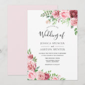 Elegant Pink & Burgundy Floral Wedding Invitation Kaart (Voorkant / Achterkant)