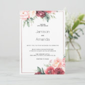Elegant pink burgundy watercolor floral Wedding Kaart (Staand voorkant)