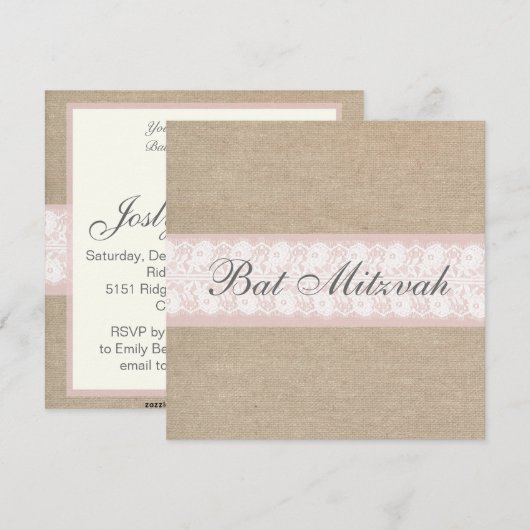 Elegant Pink Burlap Bat Mitzvah Uitnodiging (Voorkant / Achterkant)