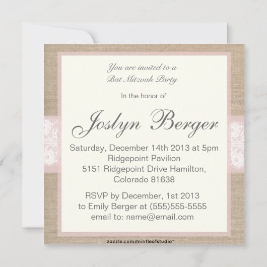 Elegant Pink Burlap Bat Mitzvah Uitnodiging (Achterkant)