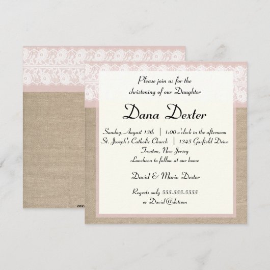 Elegant Pink Burlap Lace Baptism Uitnodiging (Voorkant / Achterkant)