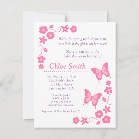 Elegant Pink Butterfly baby shower Kaart (Voorkant)