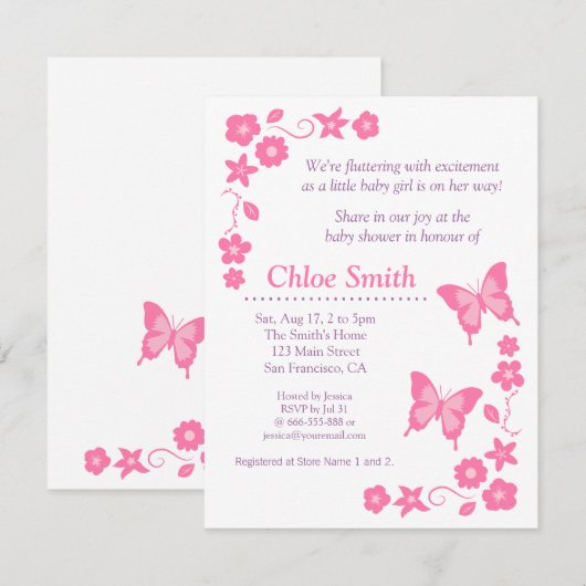 Elegant Pink Butterfly baby shower Kaart (Voorkant / Achterkant)