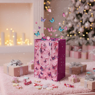 Elegant Pink Butterfly Floral Gift Bag Medium Cadeauzakje