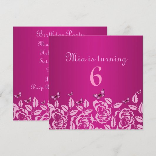 Elegant Pink Butterfly Kind's verjaardagsuitnodigi Kaart (Voorkant / Achterkant)