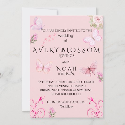 Elegant Pink Butterfly Wedding Invitation | Edit Kaart (Voorkant)