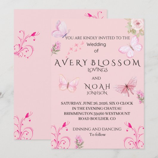 Elegant Pink Butterfly Wedding Invitation | Edit Kaart (Voorkant / Achterkant)