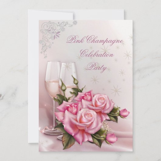 Elegant Pink Champagne Rozen Birthday Party Kaart (Voorkant)