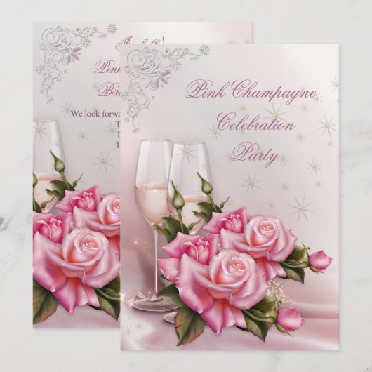 Elegant  Pink Champagne Rozen Birthday Party Kaart (Voorkant / Achterkant)