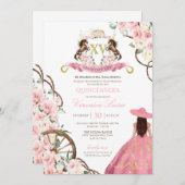 Elegant Pink Charro Quinceanera Floral Uitnodiging (Voorkant / Achterkant)