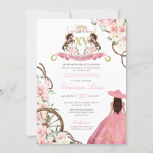 Elegant Pink Charro Quinceanera Floral Uitnodiging