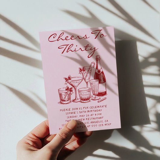 Elegant Pink Cheers to Thirty Cocktail Birthday Kaart