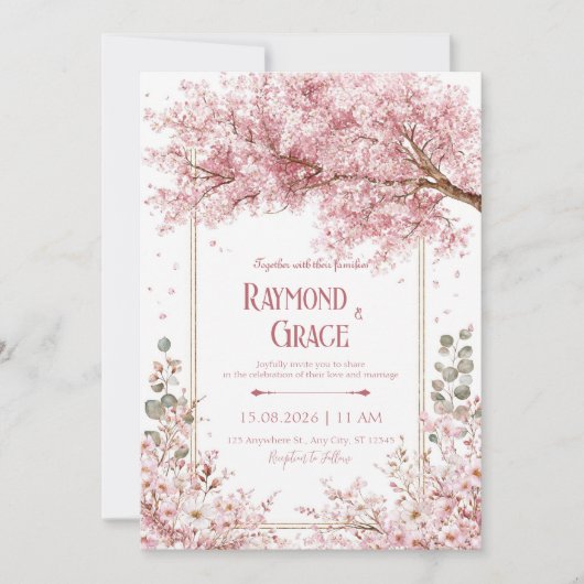 Elegant Pink Cherry Blossom Eucalyptus Gold Frame Kaart (Voorkant)