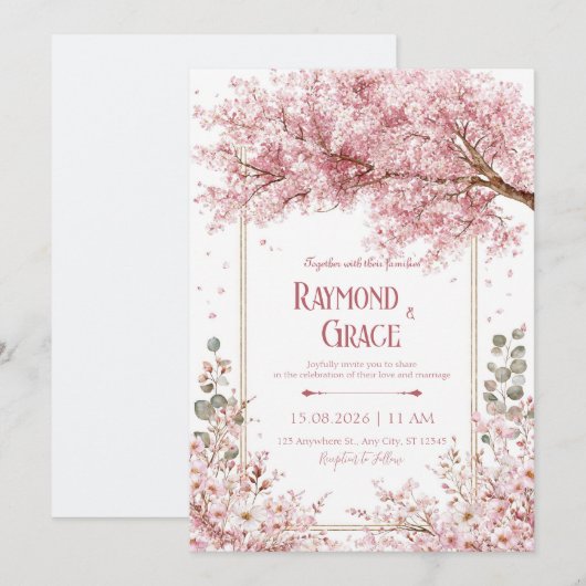 Elegant Pink Cherry Blossom Eucalyptus Gold Frame Kaart (Voorkant / Achterkant)