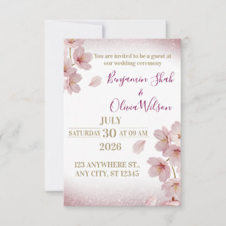 Elegant Pink Cherry Blossom Glitter Wedding Kaart