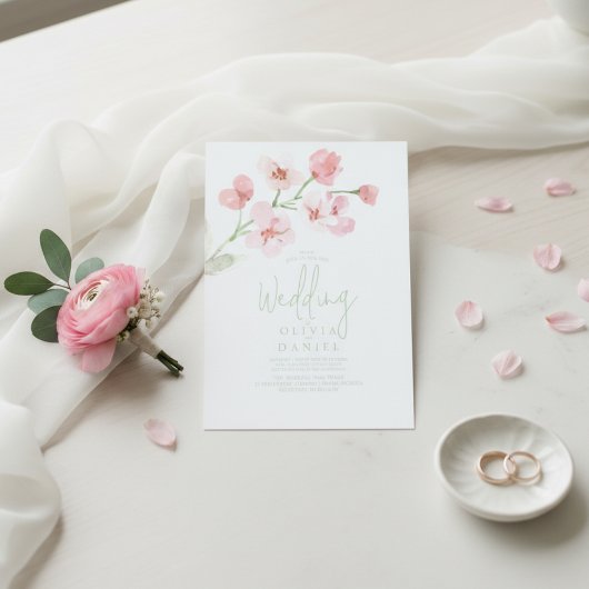 Elegant Pink Cherry Blossom Watercolor Wedding  Kaart