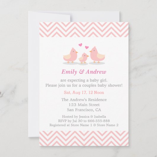 Elegant Pink Chevron Cute Bird Baby shower Kaart (Voorkant)