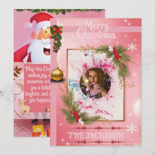 Elegant Pink Christmas Card with Custom Photo Fram Kaart (Voorkant / Achterkant)