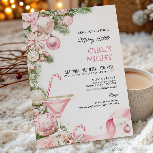 Elegant Pink Christmas Girls Night Invitation  Kaart