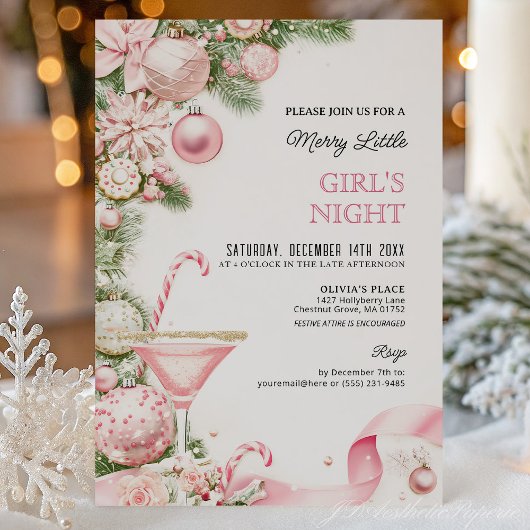 Elegant Pink Christmas Girls Night Invitation  Kaart