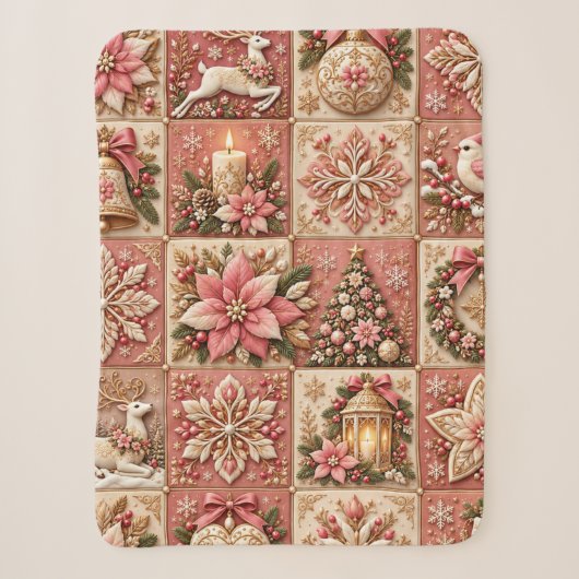 Elegant Pink Christmas Patchwork Blanket Sherpa Deken (Voorkant)