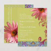 Elegant Pink ConeFlower Paisley Wedding Invitation Uitnodiging Briefkaart (Voorkant / Achterkant)