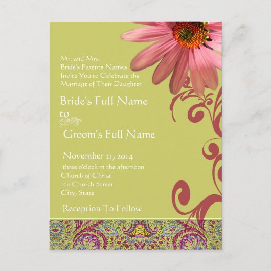Elegant Pink ConeFlower Paisley Wedding Invitation Uitnodiging Briefkaart (Voorkant)