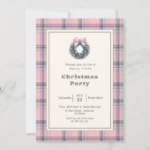 Elegant Pink Coquette Wreath Plaid Christmas Party Kaart (Voorkant)