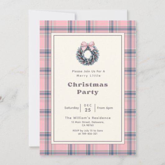 Elegant Pink Coquette Wreath Plaid Christmas Party Kaart (Voorkant)