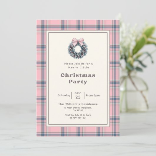 Elegant Pink Coquette Wreath Plaid Christmas Party Kaart (Staand voorkant)