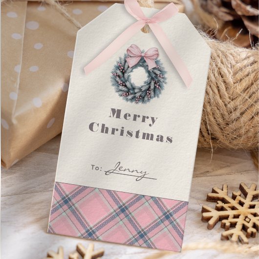 Elegant Pink Coquette Xmas Wreath Preppy Plaid Cadeaulabel