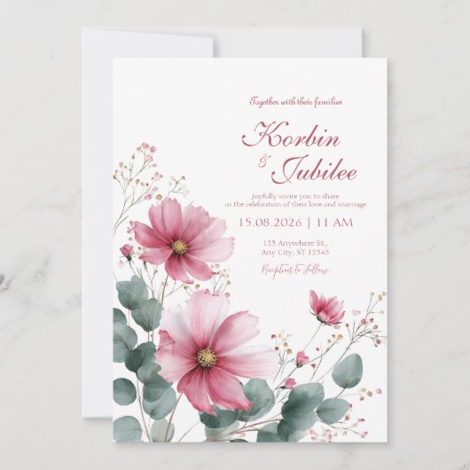 Elegant Pink Cosmos Eucalyptus Watercolor Kaart (Voorkant)