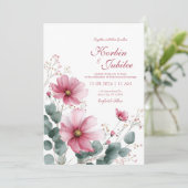 Elegant Pink Cosmos Eucalyptus Watercolor Kaart (Staand voorkant)