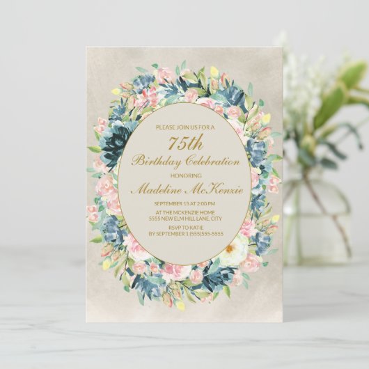 Elegant Pink Cream Floral Greenery 75th Birthday Kaart (Staand voorkant)
