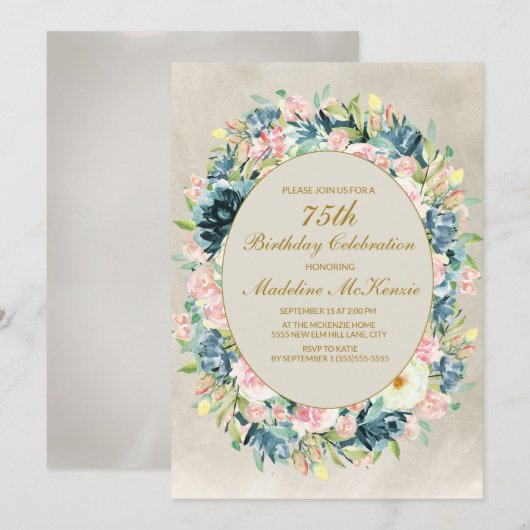 Elegant Pink Cream Floral Greenery 75th Birthday Kaart (Voorkant / Achterkant)