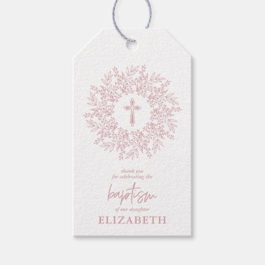 Elegant Pink Cross Girl Baptism Favor Cadeaulabel (Voorkant)