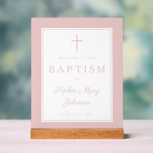 Elegant Pink Cross Girl Baptism Welcome Acryl Bord (Neutraal)
