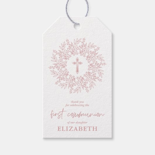 Elegant Pink Cross Girl First Communion Favor Cadeaulabel (Voorkant)